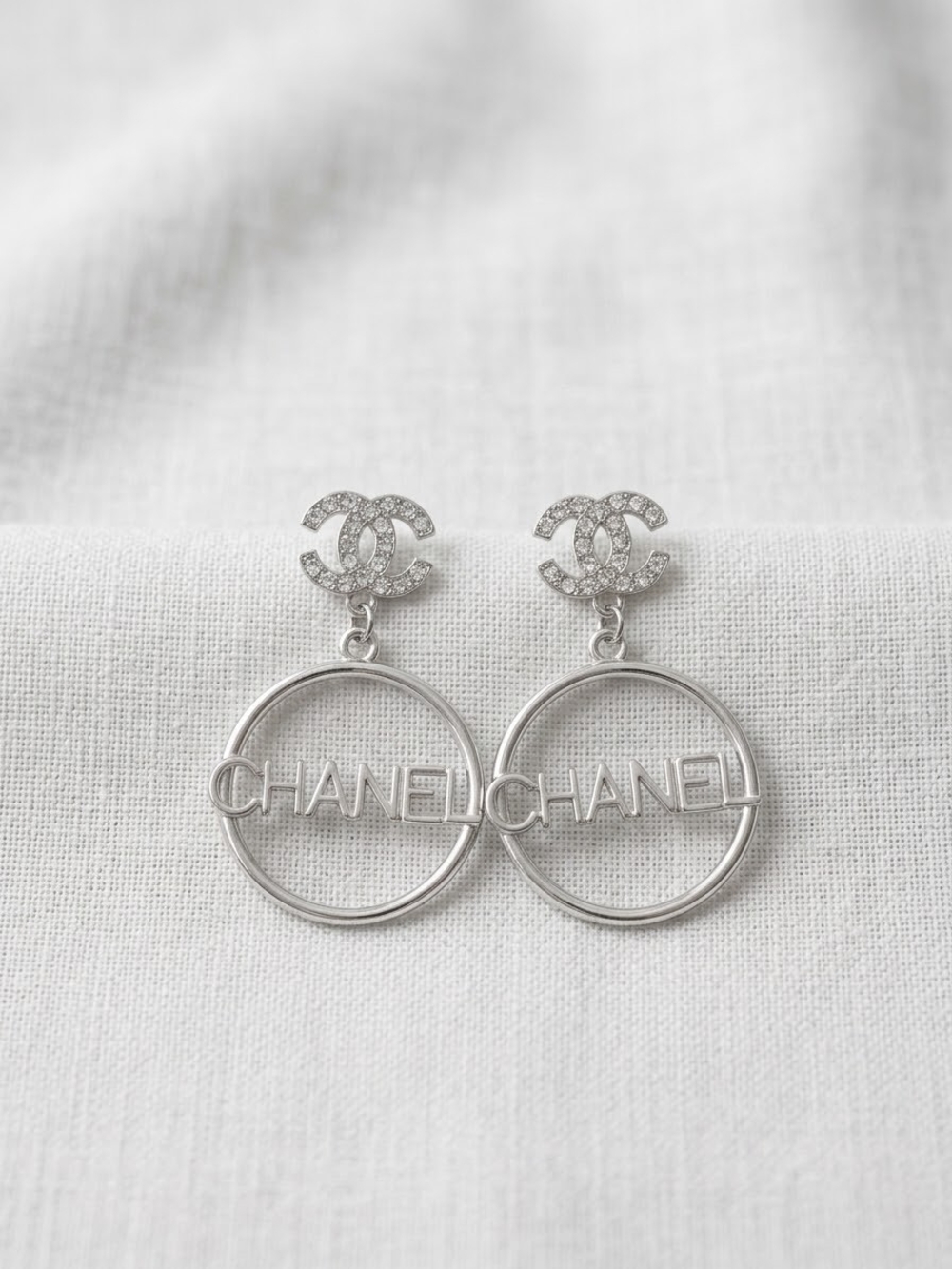 Silver Crystal Hoop Logo Drop Earrings